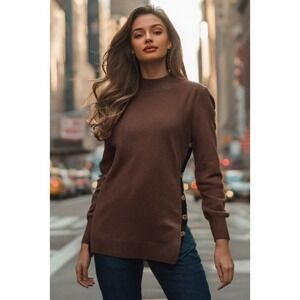 Chicos Sweater Womens Size L P Button Side MockNeck Long Sleeve Hi Low Brown EUC